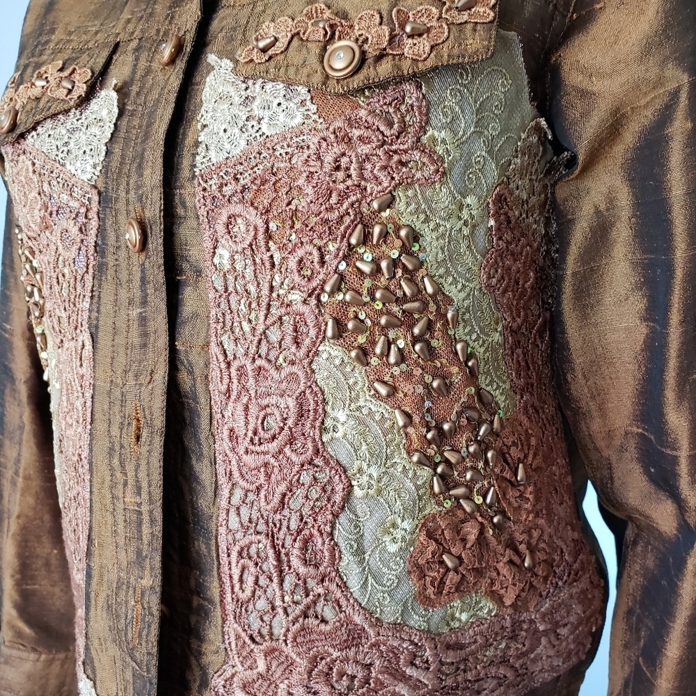 Coldwater Creek Bronze Lace & Bead Silk Blend Ornate Shimmering Jacket Size SP - Picture 3 of 9